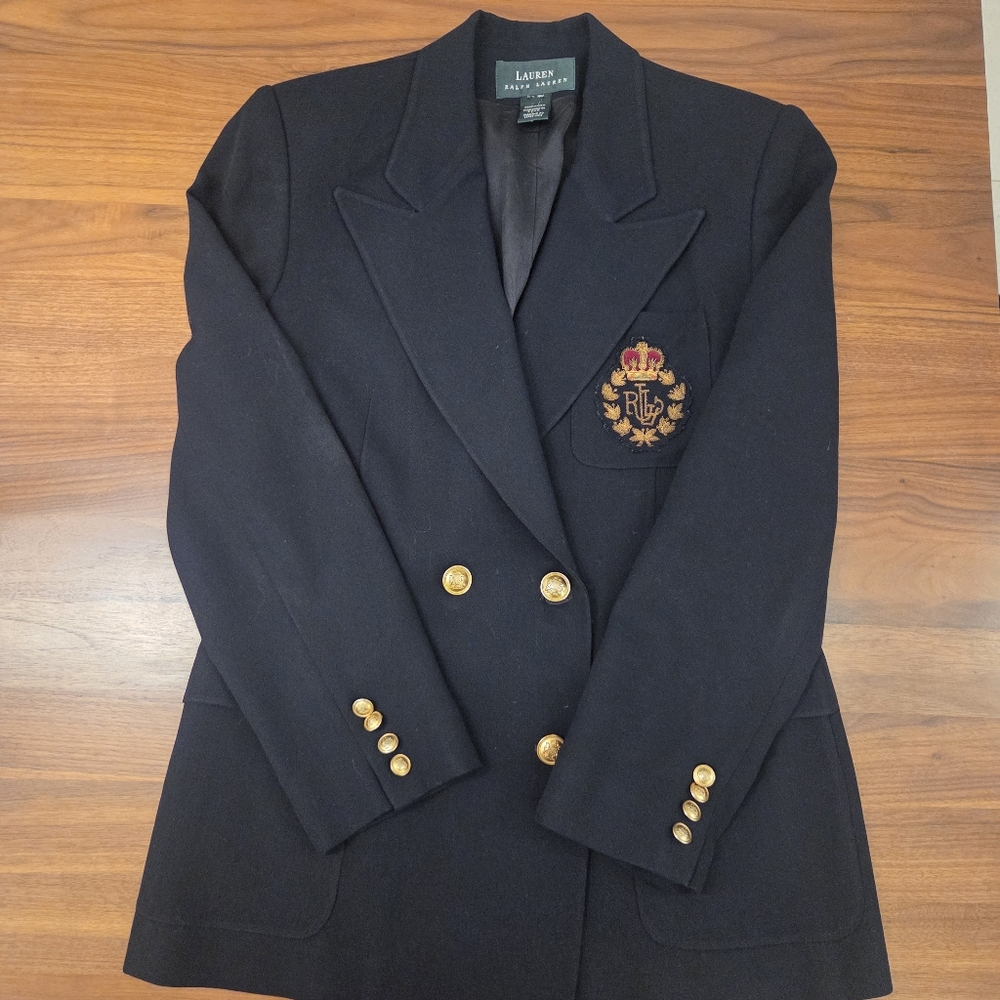 Vintage Lauren Ralph Lauren Navy Wool Double-Breasted Blazer + Embroidered Crest - Picture 6 of 13